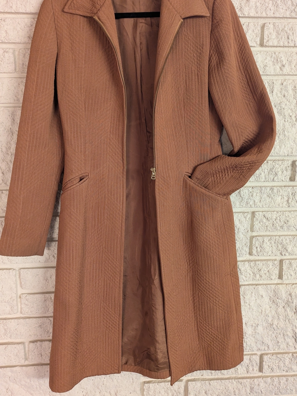 Women's S vintage Ron Leal Long Zip Wool Blend Coat - Tan